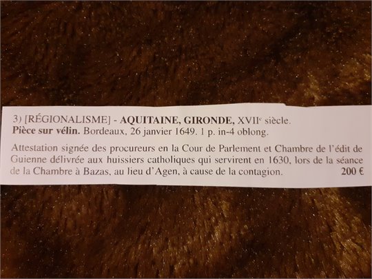 Aquitaine, Gironde  26 janvier 1649, PS