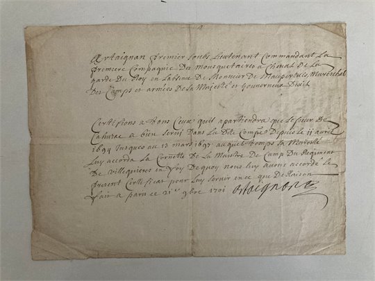 DOCUMENT (CERTIFICAT) MANUSCRIT SIGNE JOSEPH DE MONTESQUIOU D'ARTAIGNAN