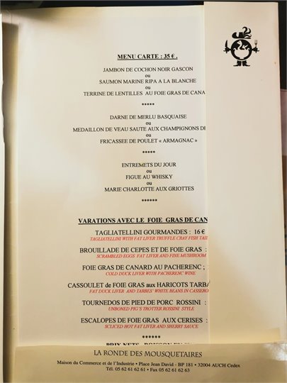 Menu Restaurant La Ronde Des Mousquetaires, Gers En Gascogne, Dédicacé Par Le....