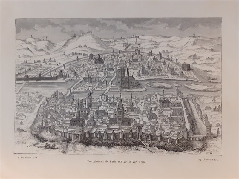Gravure   Vue generale de Paris aux XVe e XVIe siecle