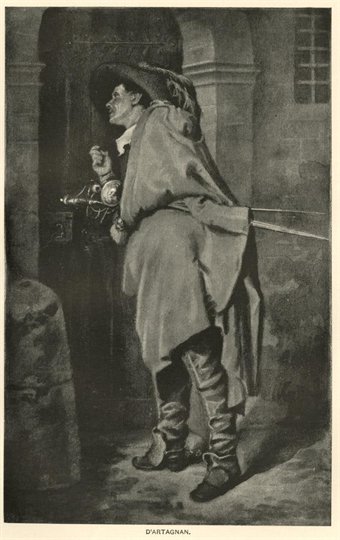 D'Artagnan at Door, from Dumas' "Three Musketeers" True 1892 Litho Plate Book