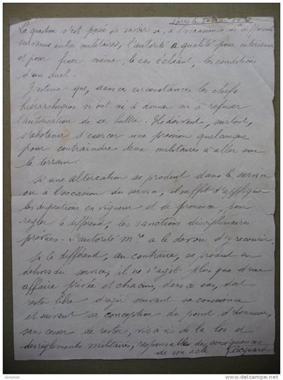 instruction militaire manuscrite en cas de conflit-conditions d'un duel-escrime-1907-signé picquart-belle écriture