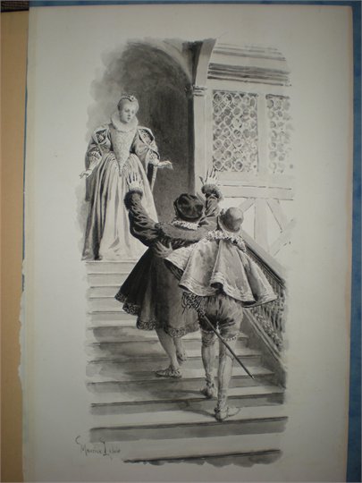 Dessin de M.Leloir  "La Dame de Monsoreau" (Le baron Meridor, Diane et Bussy)