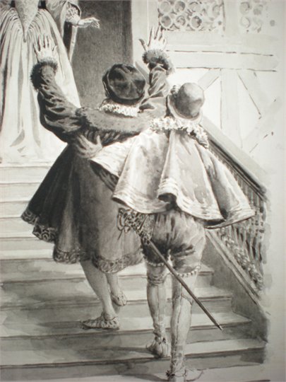 Dessin de M.Leloir  "La Dame de Monsoreau" (Le baron Meridor, Diane et Bussy)