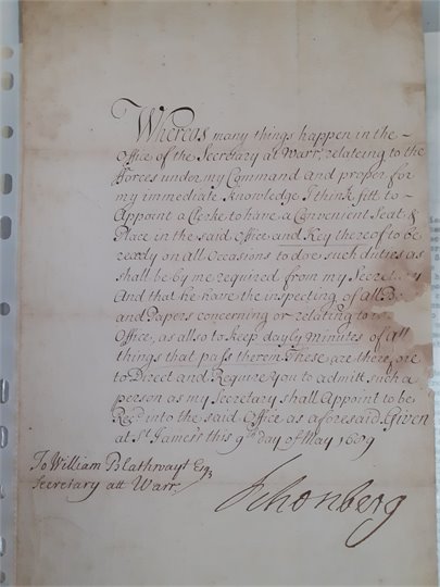 SCHOMBERG (Frederick Hermann, duc de Schomberg). - Ordre signé...