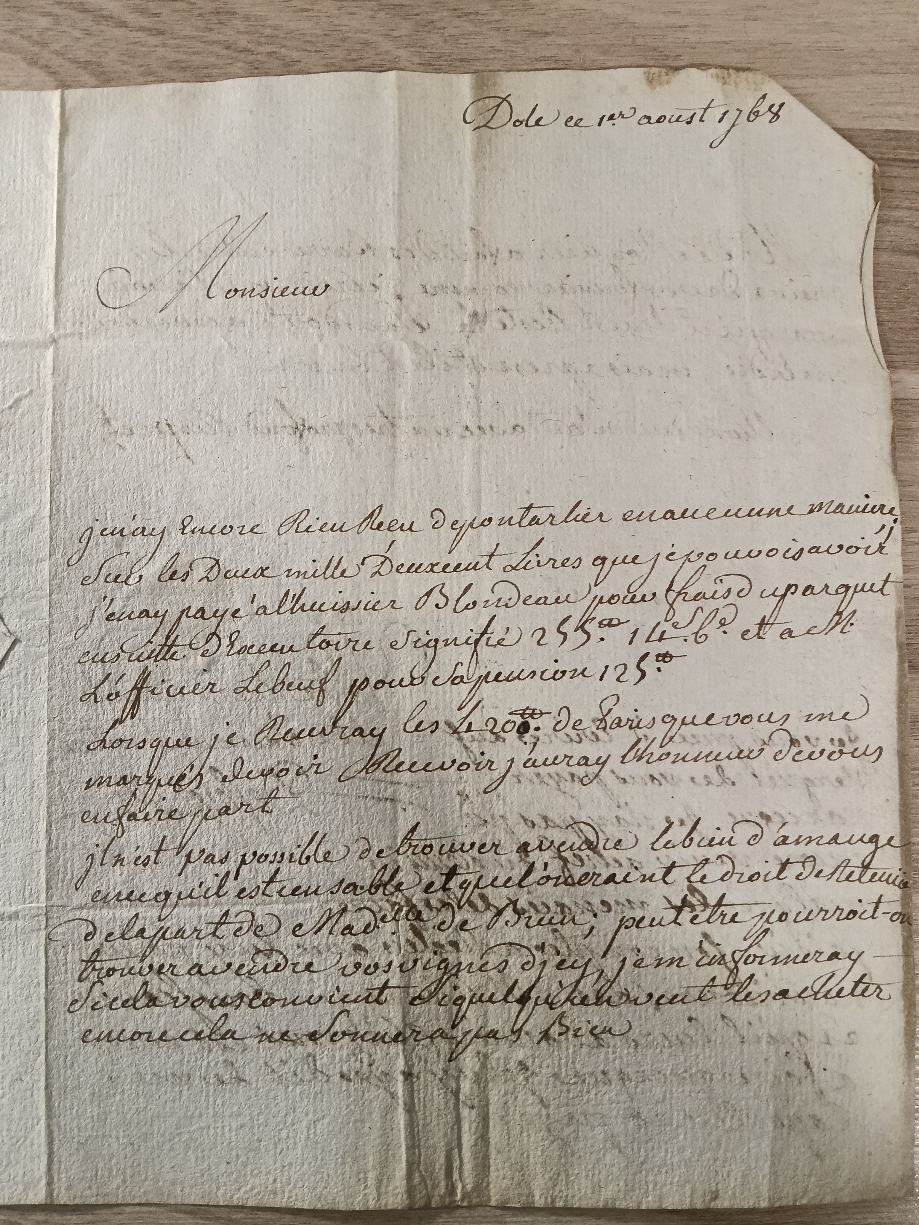 pli parcheminé de 1768 adressé à un MOUSQUETAIRE de l'école d'équitation