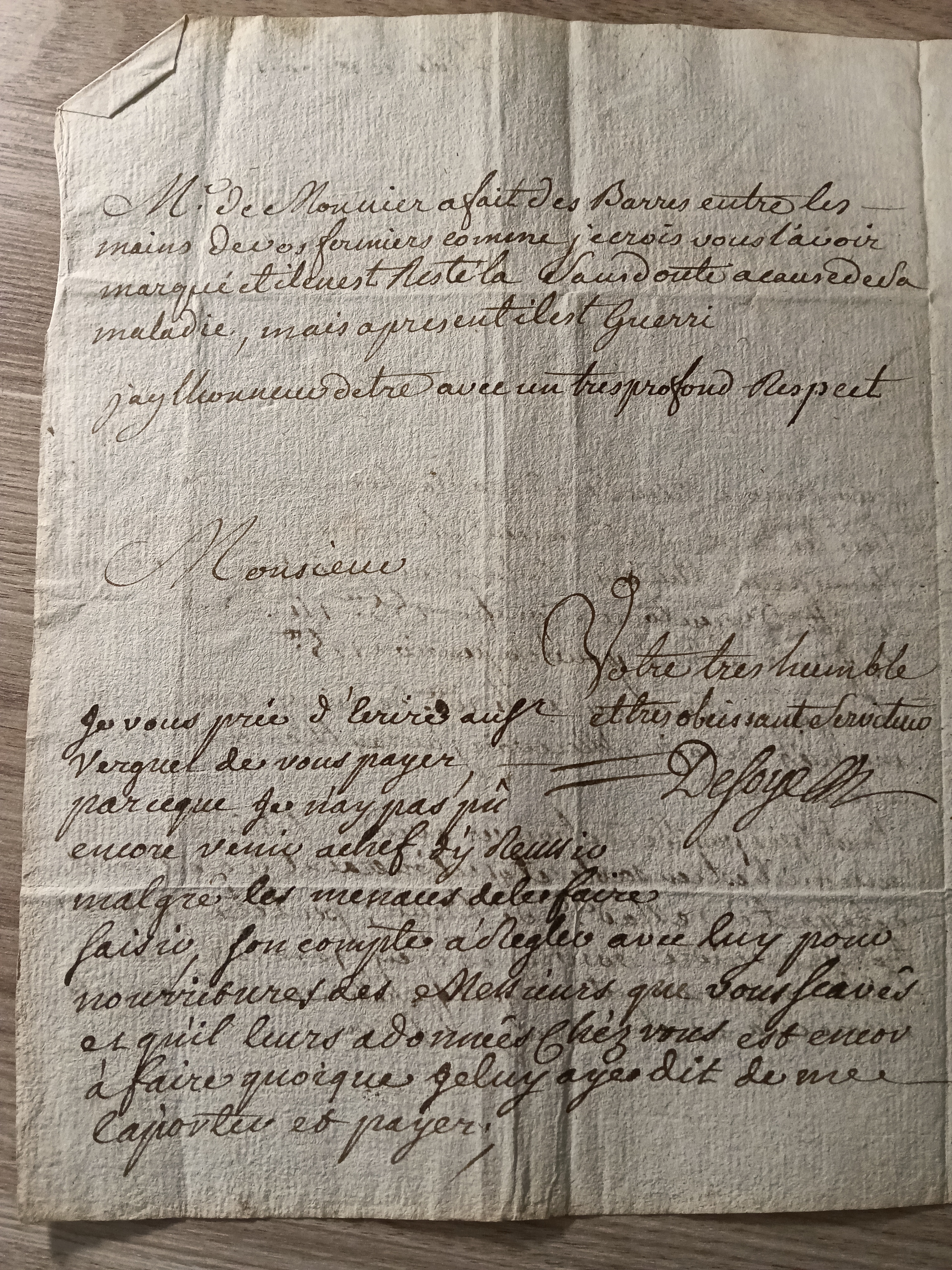 pli parcheminé de 1768 adressé à un MOUSQUETAIRE de l'école d'équitation