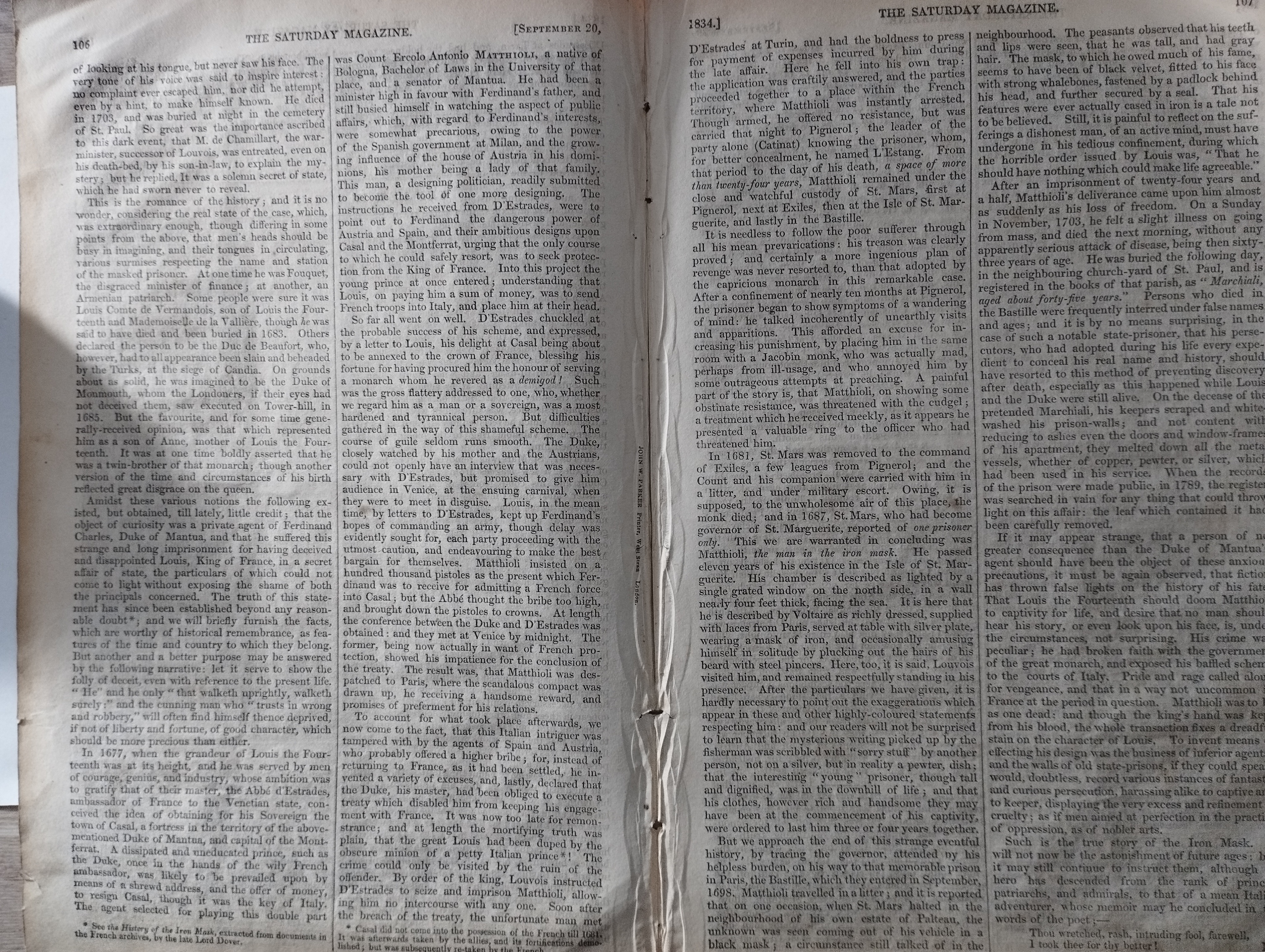 The Saturday Magazine -Man in the Iron Mask 1834