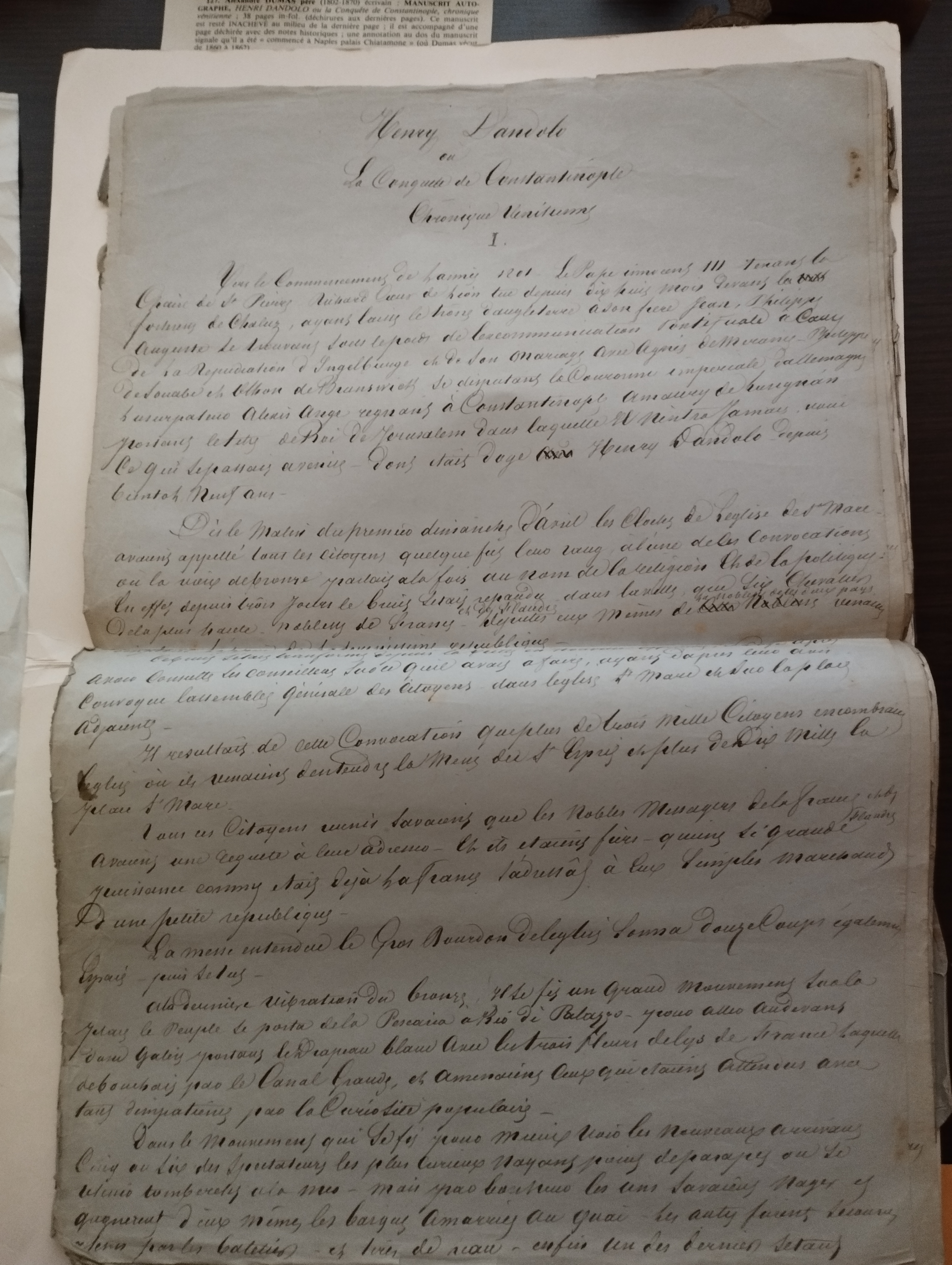 Alexandre DUMAS  Manuscrit autographe, Henri Dandolo ou la Conquête de Constantinople, chronique vénitienne