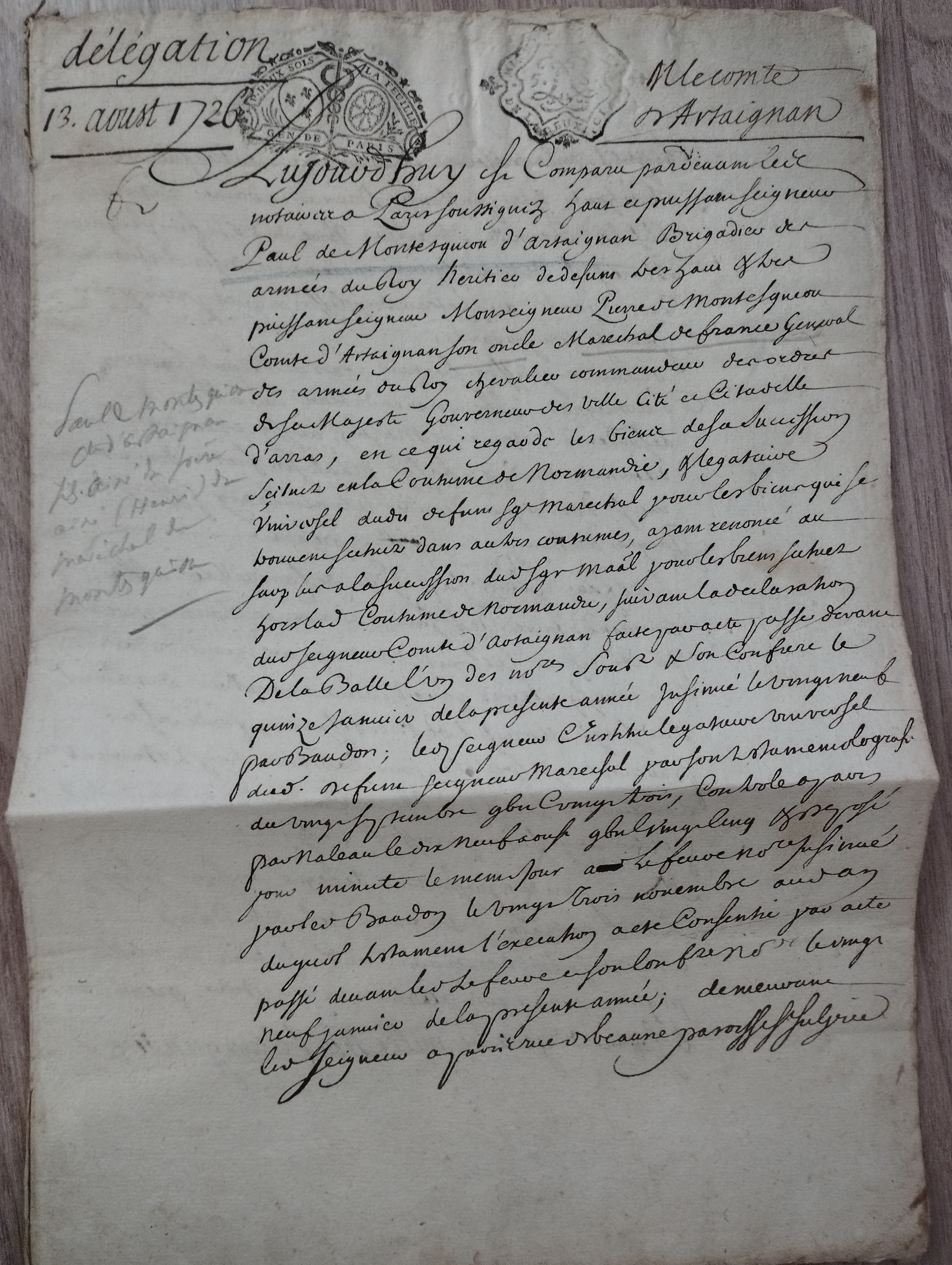 ACTE DE DELEGATION  par  le seigneur Paul d'Artagnan de Montesquiou