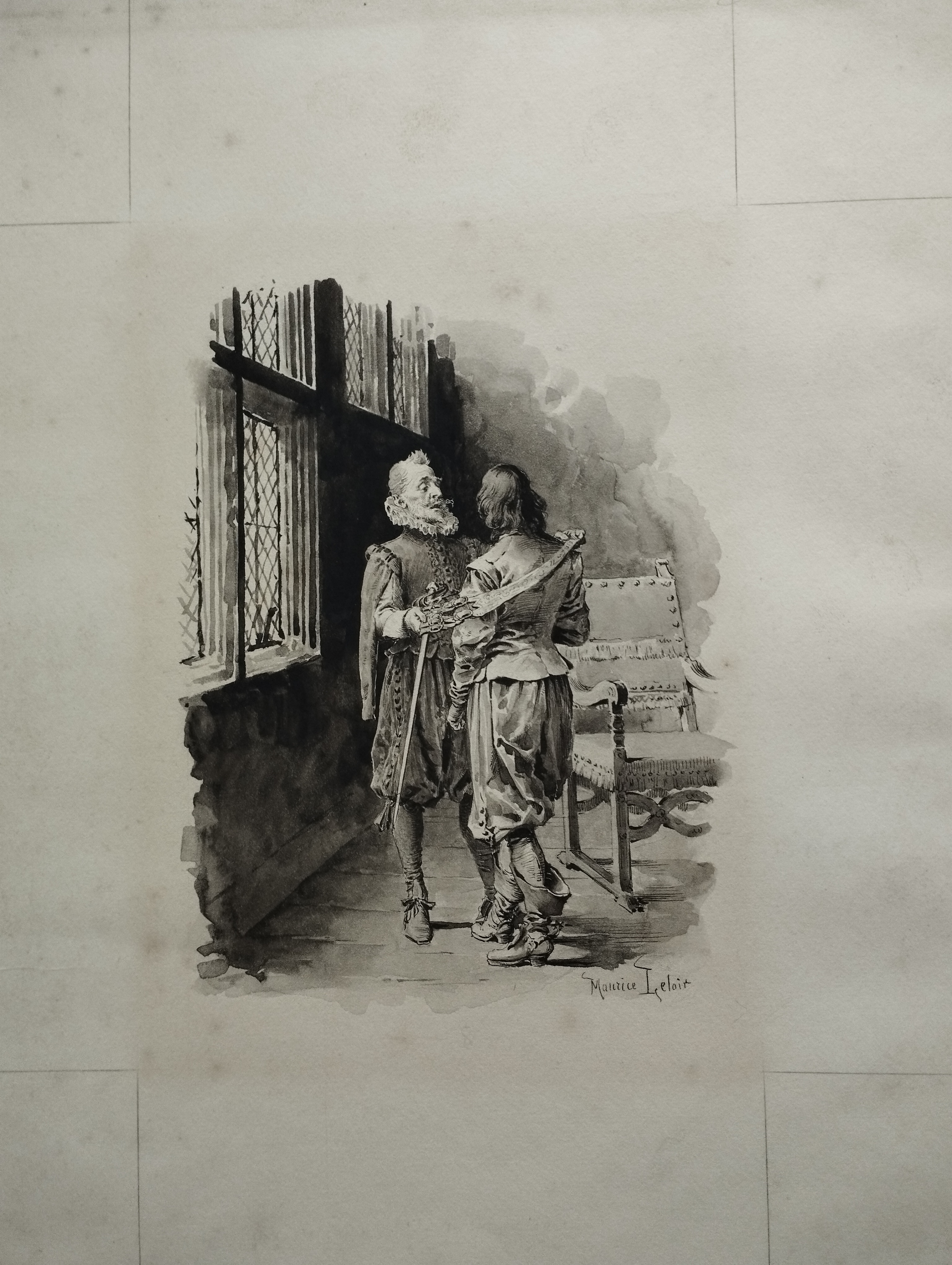 Maurice LELOIR  dessin original pour TROIS MOUSQUETAIRES "D'Artagnan père prodigue des conseils à son fils."