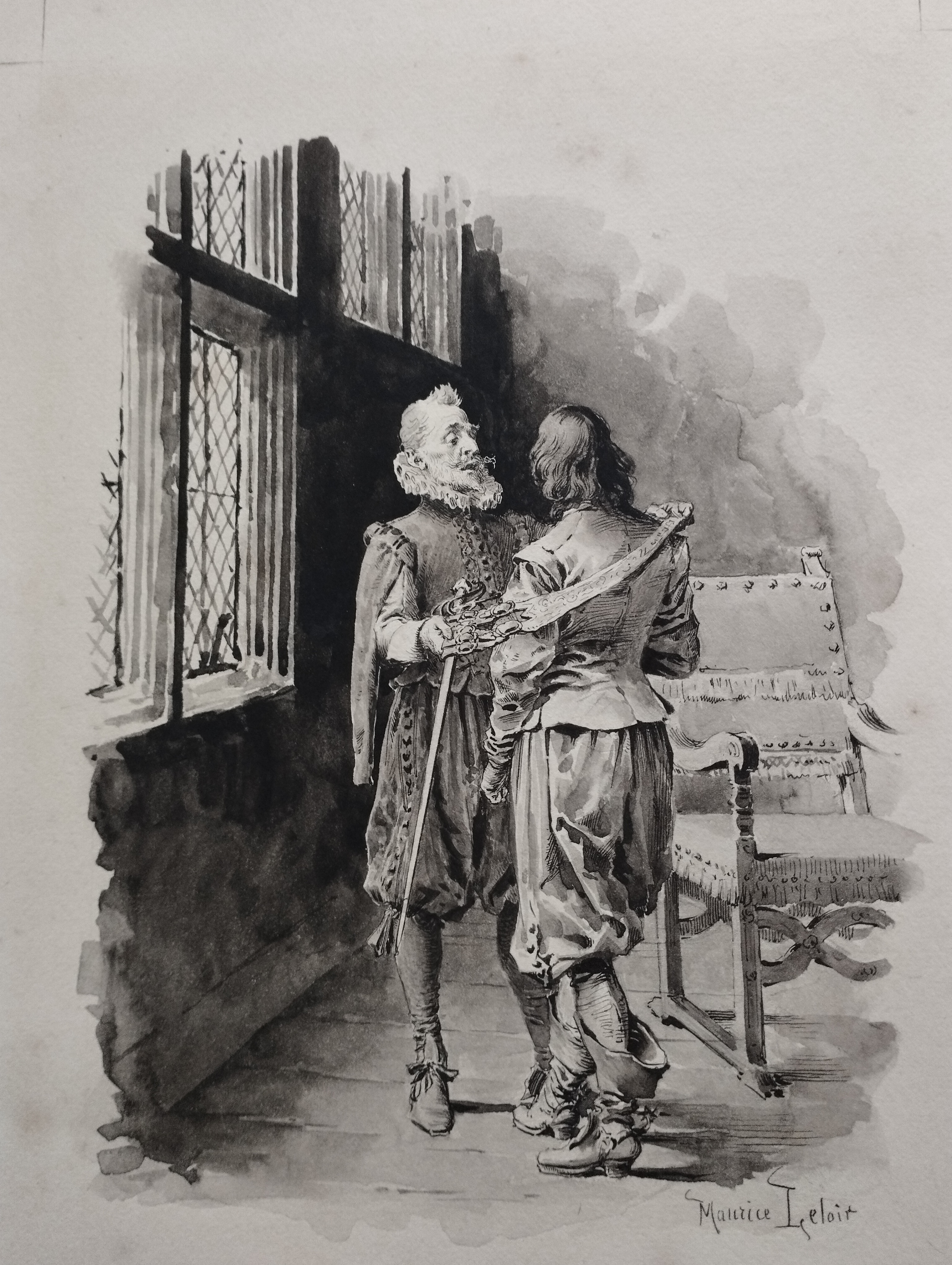 Maurice LELOIR  dessin original pour TROIS MOUSQUETAIRES "D'Artagnan père prodigue des conseils à son fils."