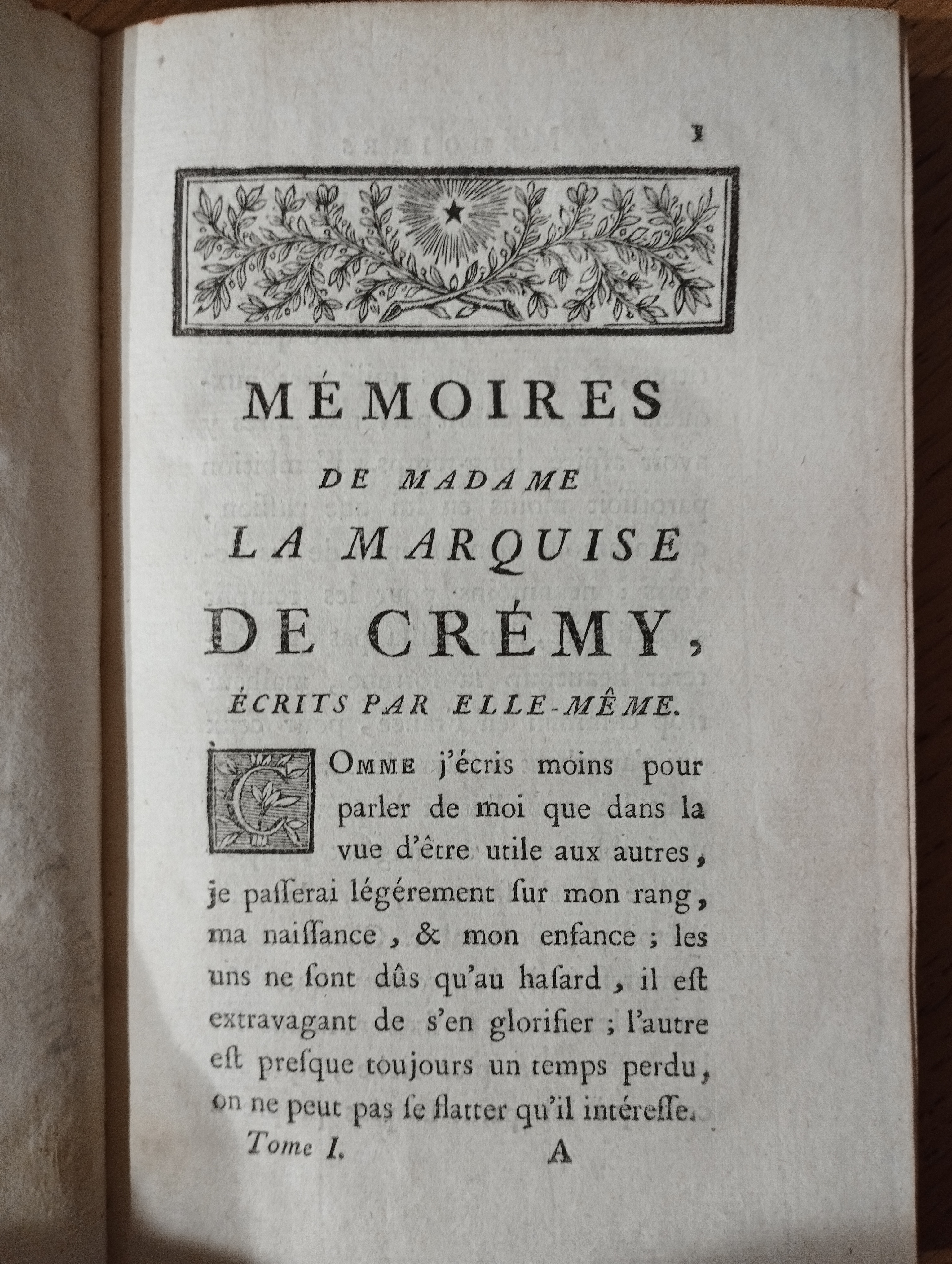MIREMONT (Anne d’Aubourg de la Bove, comtesse de). MEMOIRES DE MADAME LA MARQUISE DE CREMY, écrits par elle-même. (t.1 seul, manque t.2)