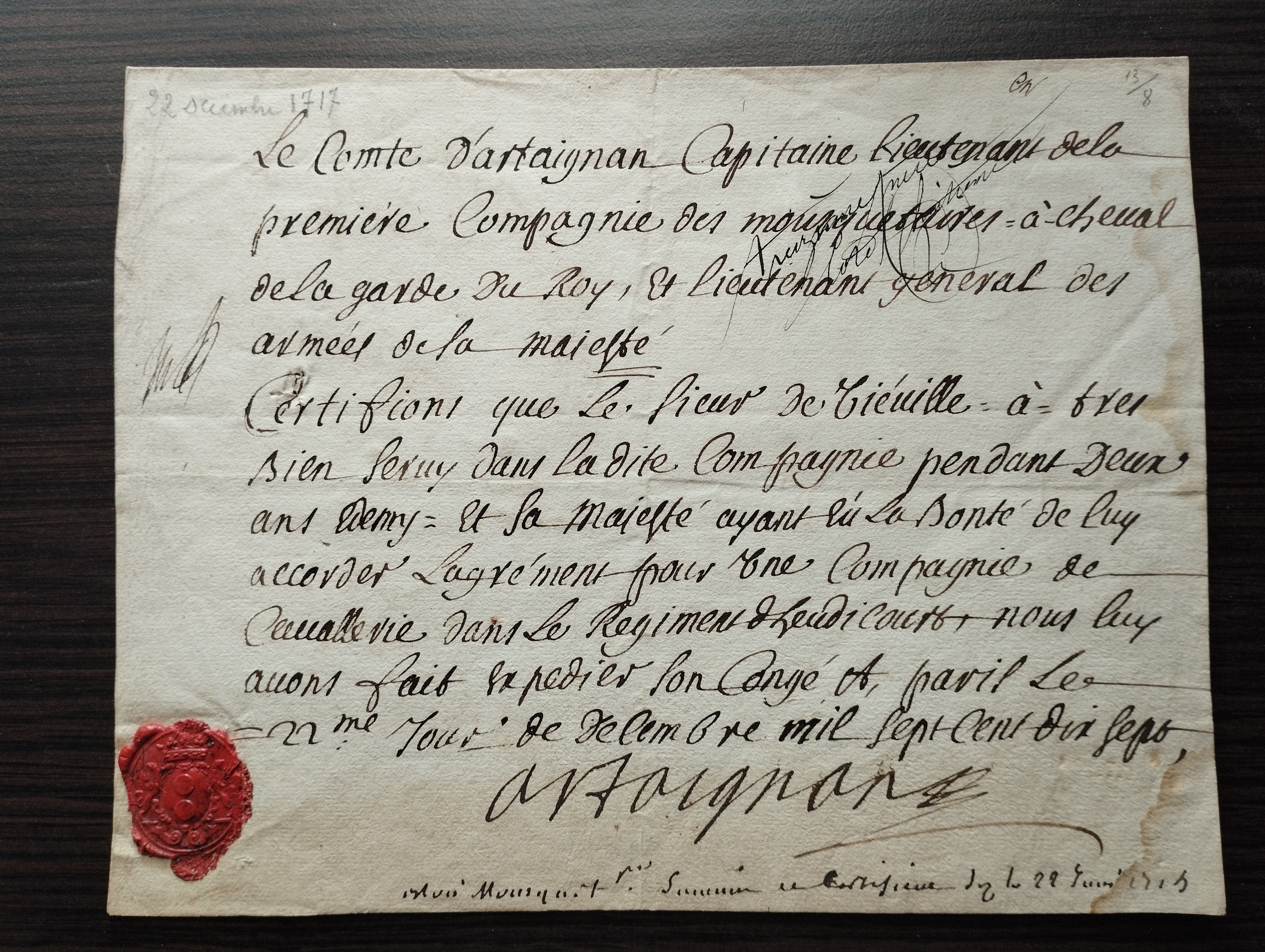 Joseph de Montesquiou, comte d'Artagnan   PS (22 décembre 1717)