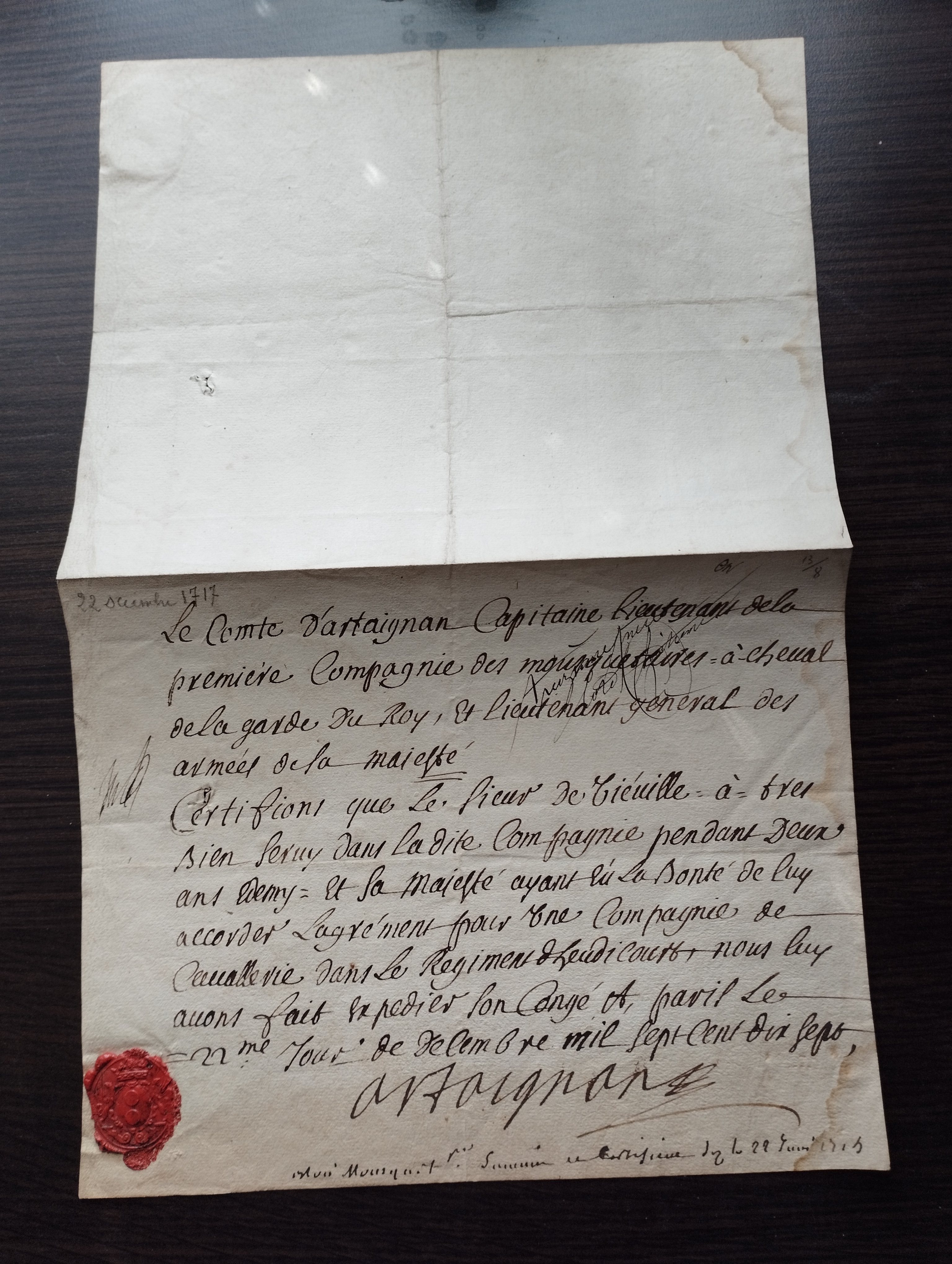 Joseph de Montesquiou, comte d'Artagnan   PS (22 décembre 1717)
