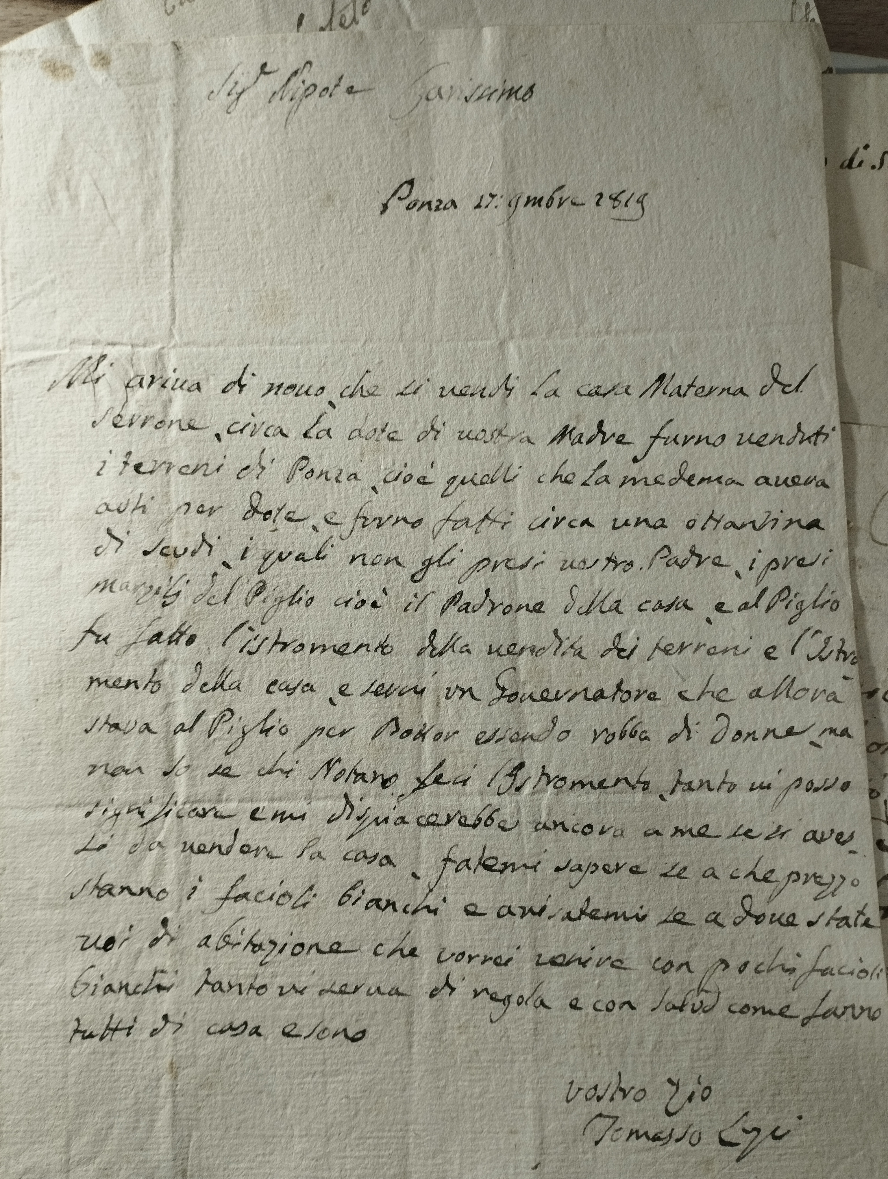 Correspondance entre un membre de la Curie papale (Rome) et ... (Spolеto)