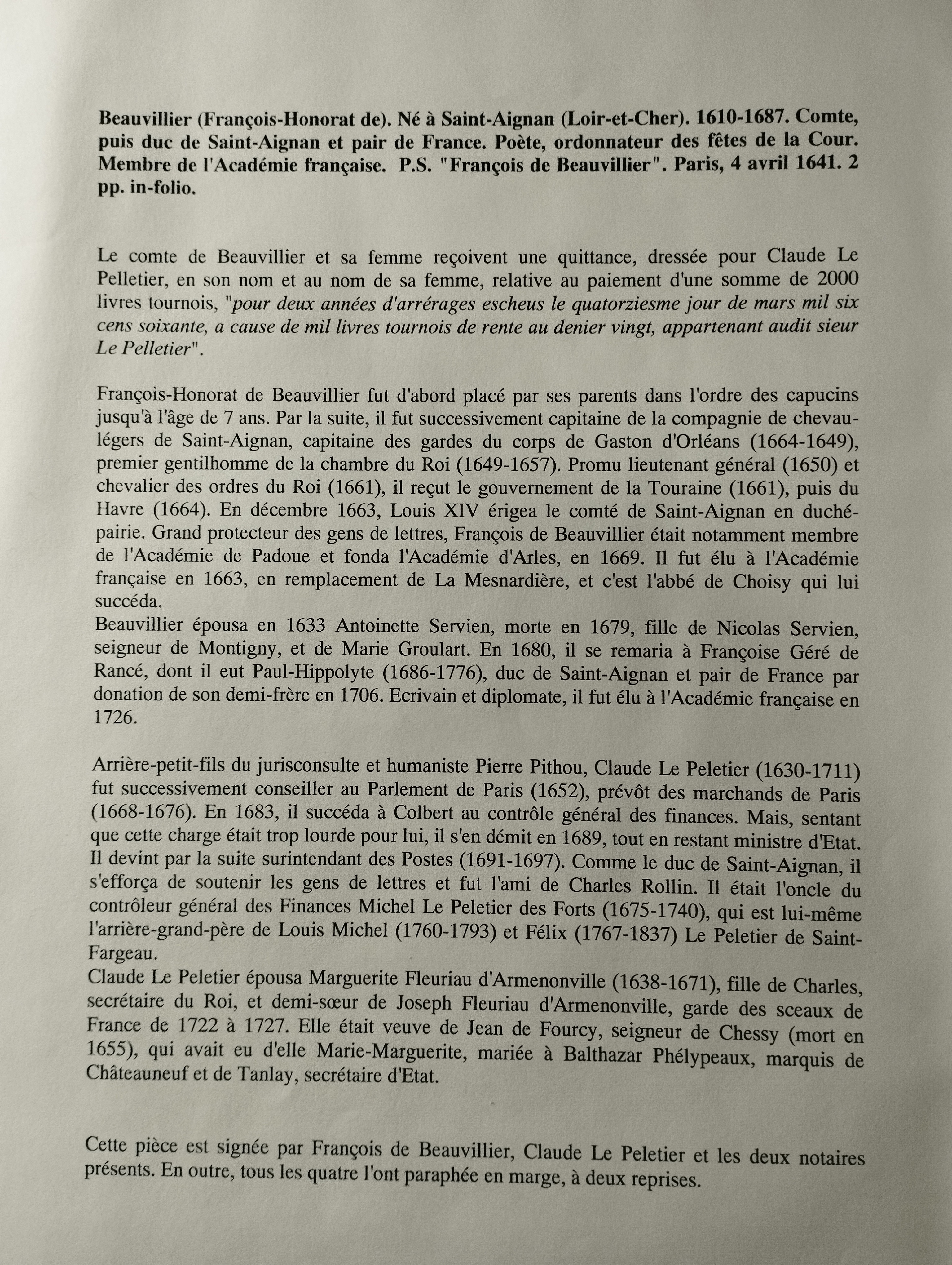 Francois de Beauvillier  PS, 4 avril 1641