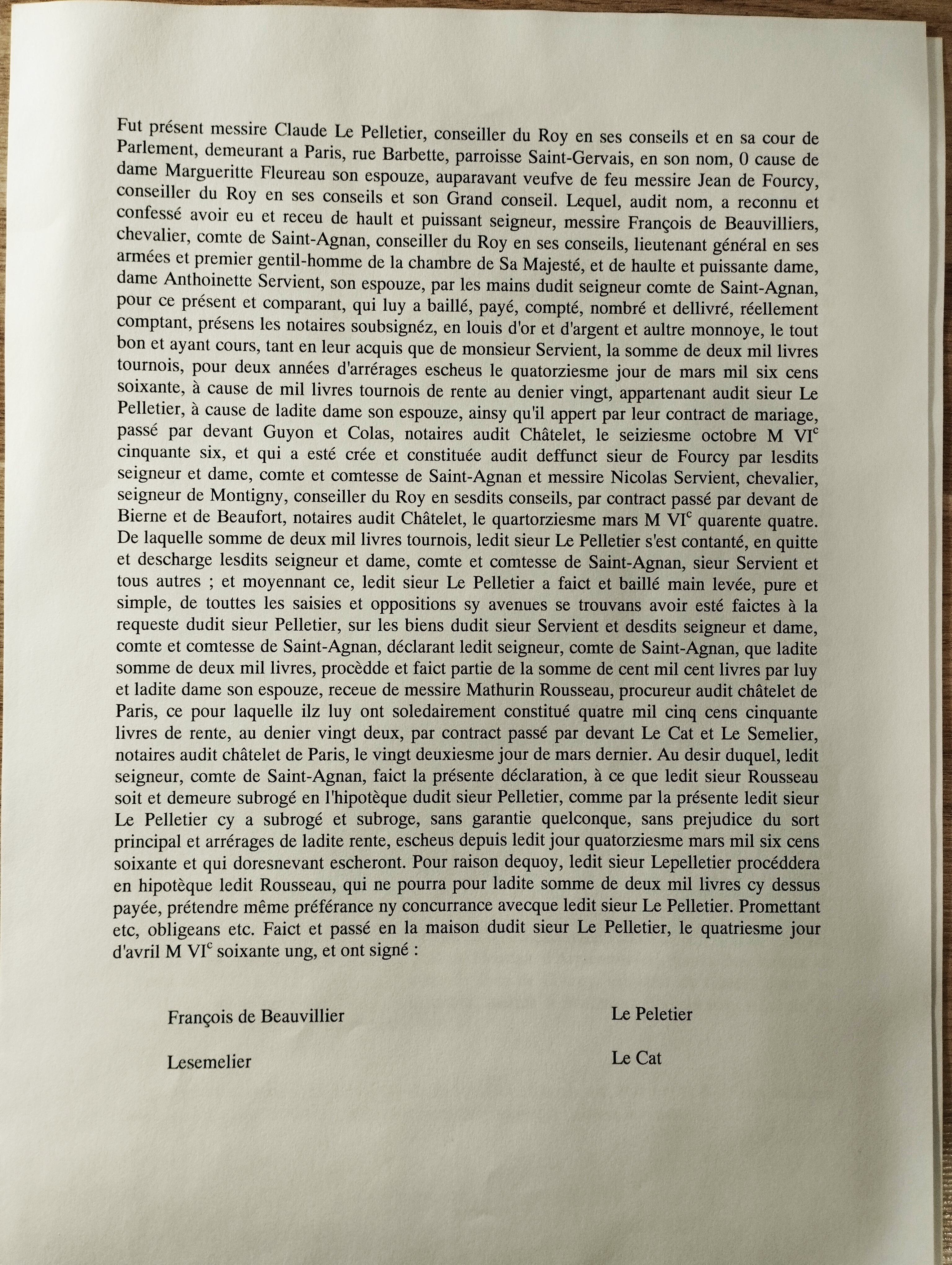 Francois de Beauvillier  PS, 4 avril 1641