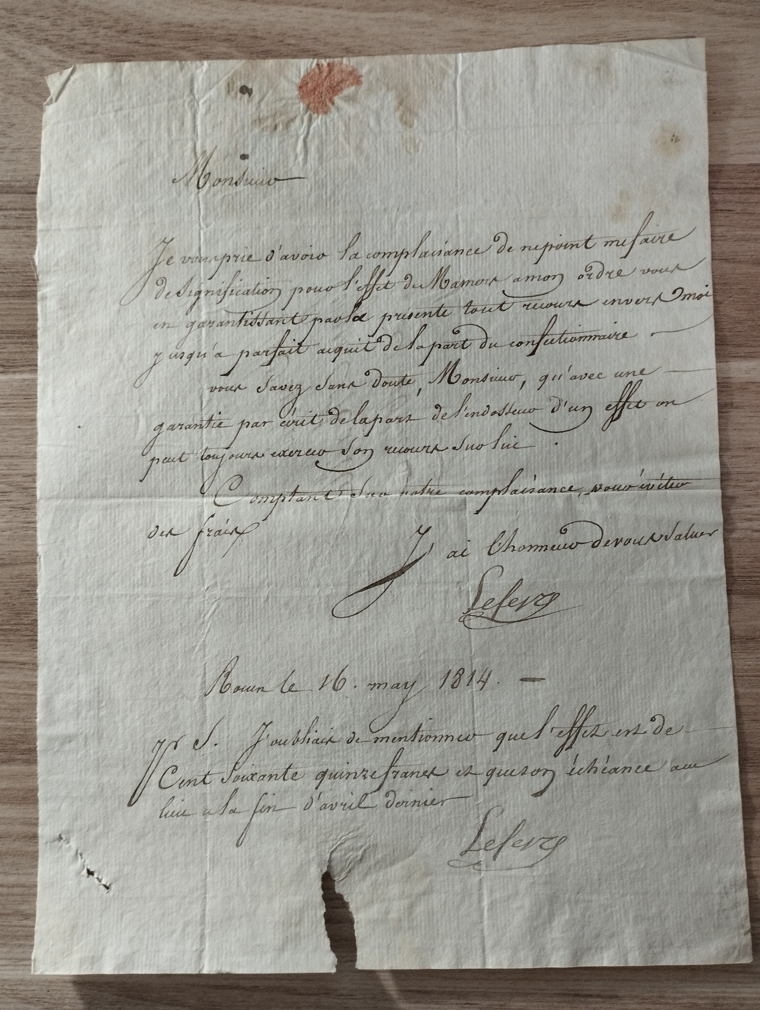 Lefevre   LAS a Eugene Maille  16 mai 1814