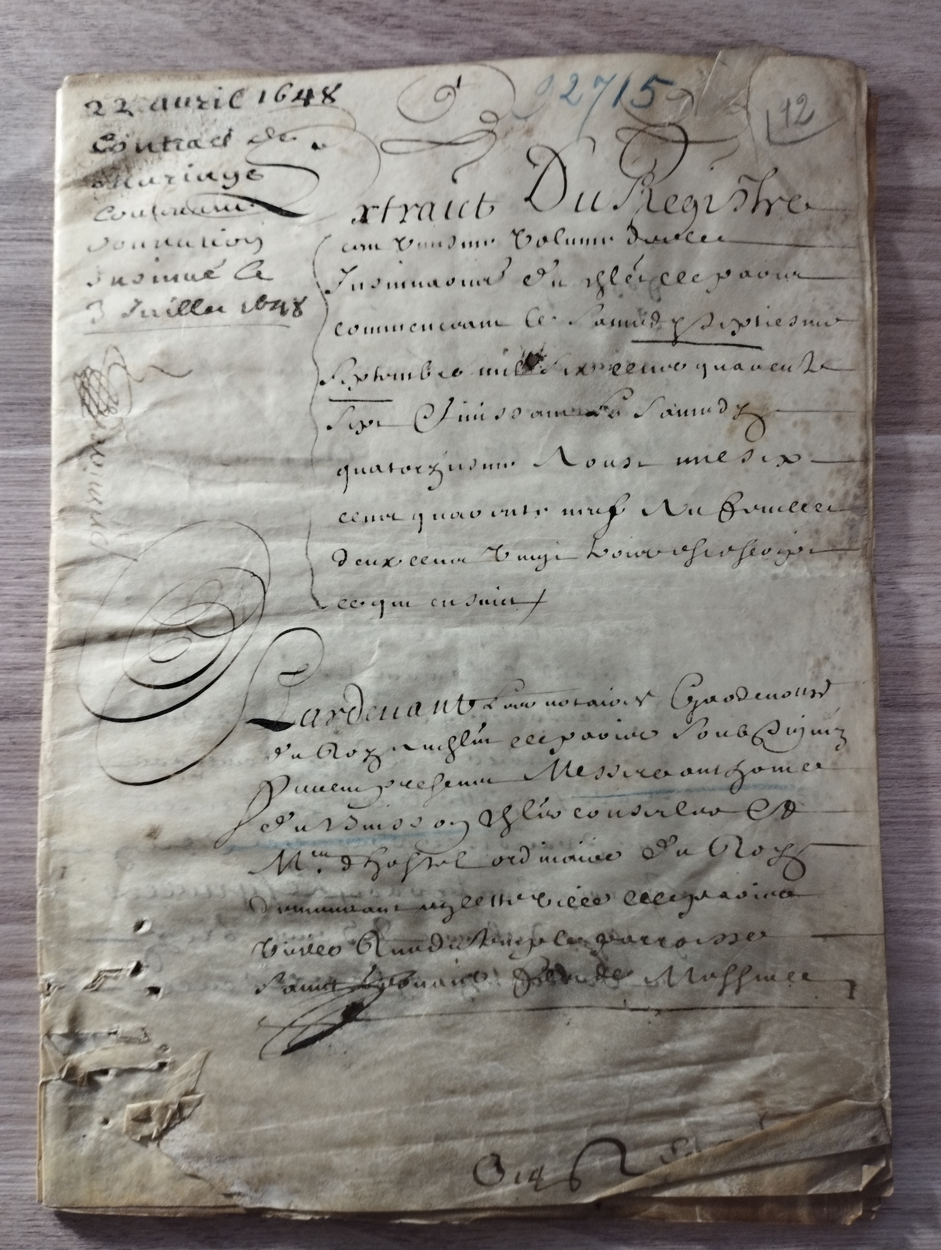 extrait du contract de mariage  22.04.1648