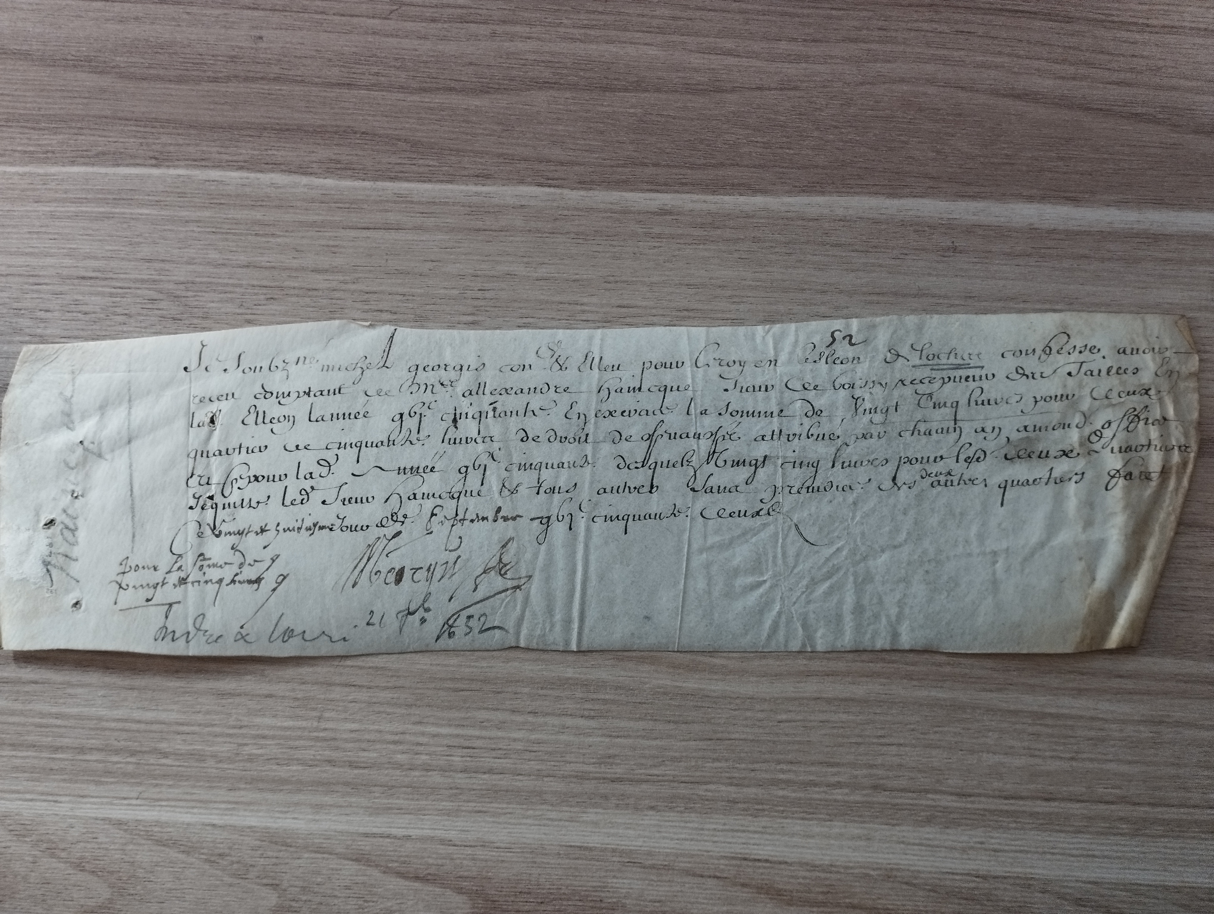 quittance officielle de paiement  28 septembre 1652