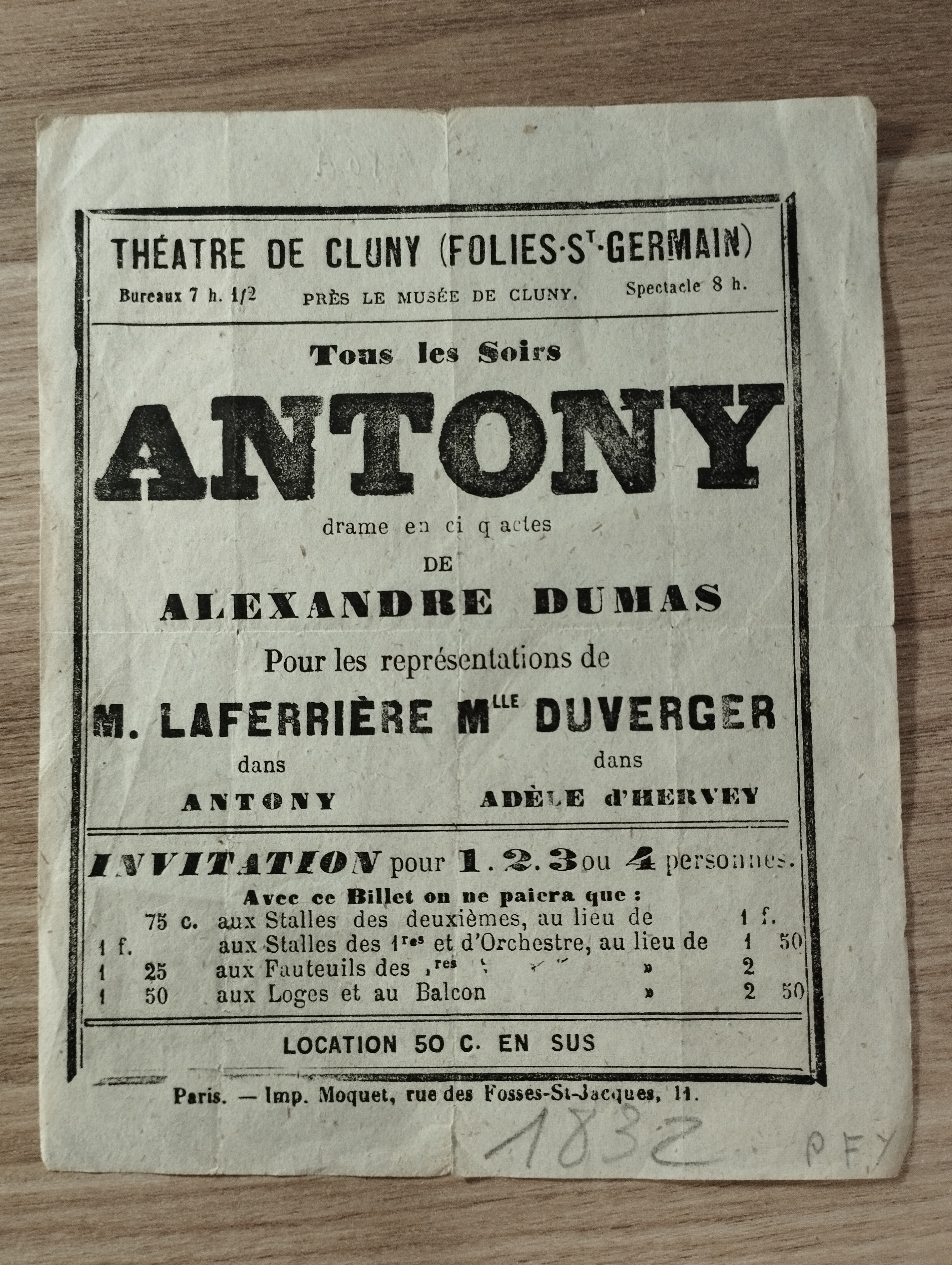 Theatre de Cluny ANTONY de Alexandre Dumas , 1867 billet invitation