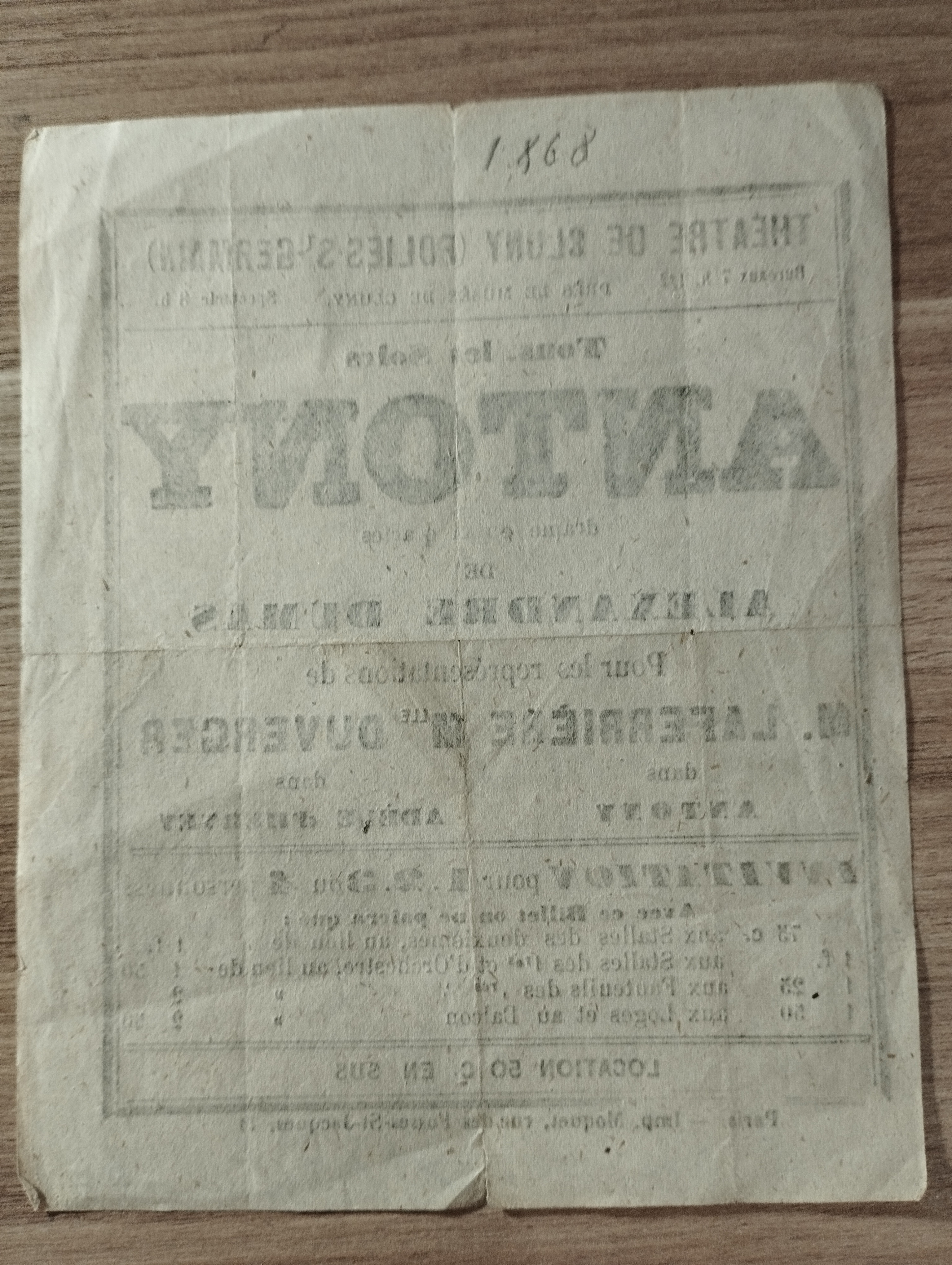 Theatre de Cluny ANTONY de Alexandre Dumas , 1867 billet invitation