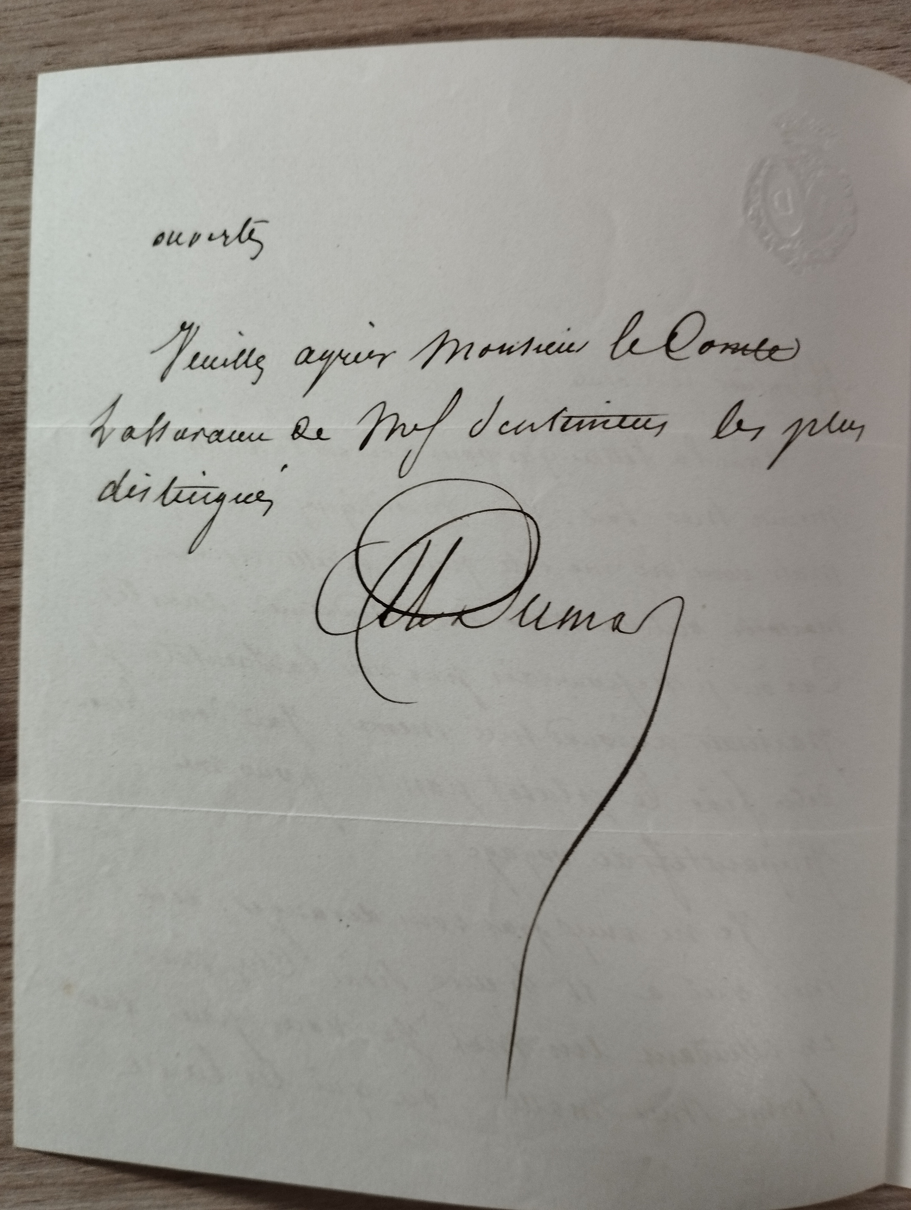 A.Dumas  lettre autographe signée non datée, adressée à un Comte concernant une audience