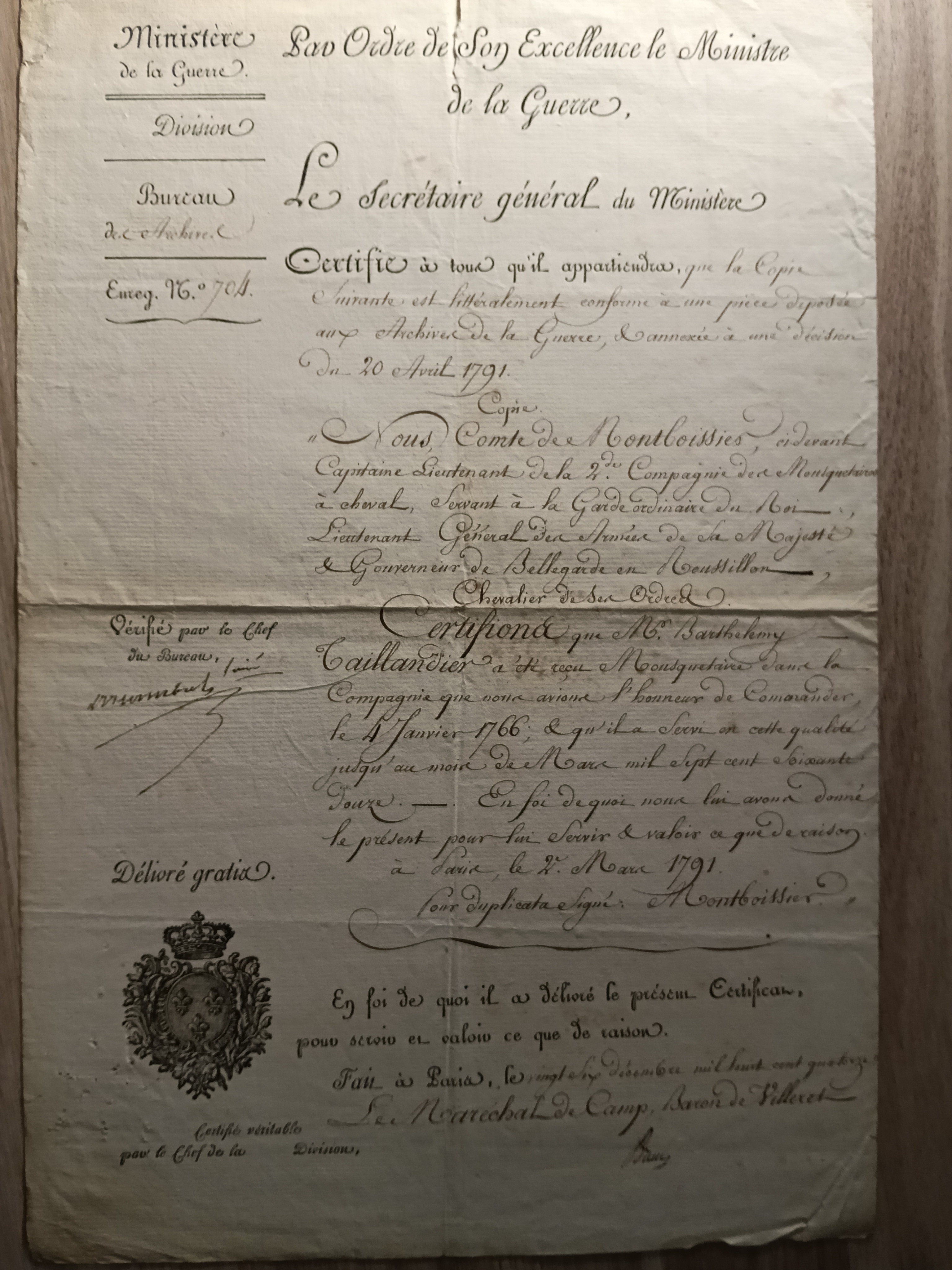 Certifions que Mr. Barthélémy Caillandier a servi en qualité de Mousquetaire ... 20/03/1791