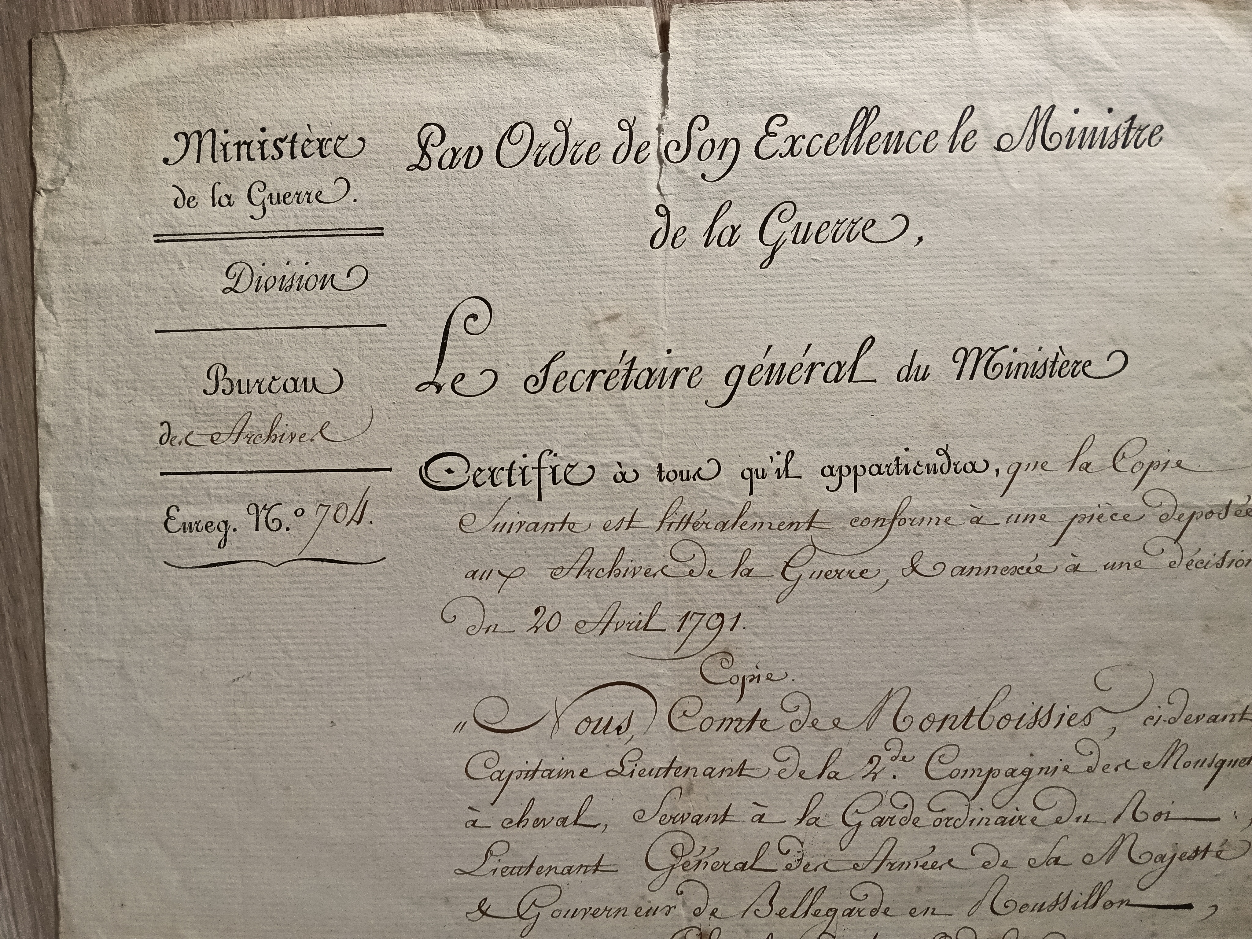 Certifions que Mr. Barthélémy Caillandier a servi en qualité de Mousquetaire ... 20/03/1791