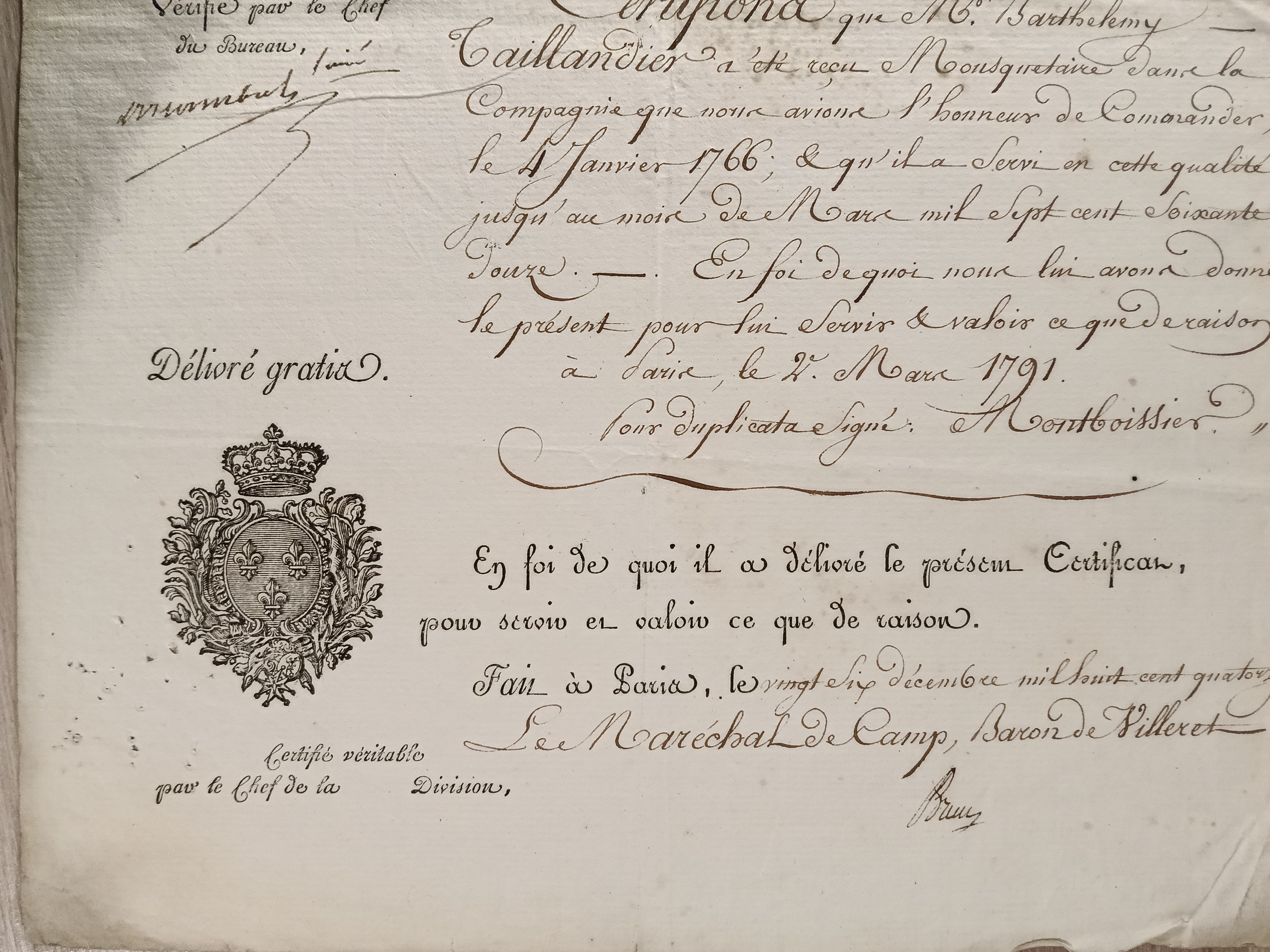Certifions que Mr. Barthélémy Caillandier a servi en qualité de Mousquetaire ... 20/03/1791